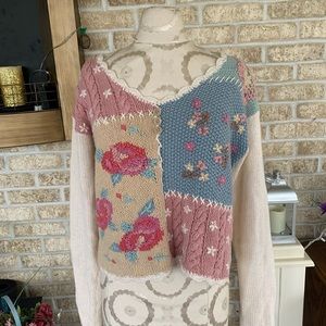 Vintage Ricki hand knit scallop cream floral sweater size M